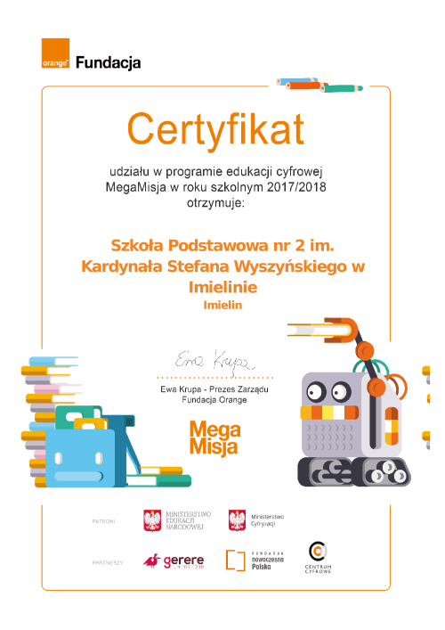 Certyfikat udziału w programie edukacja cyfrowa MegaMisja 2017/2018